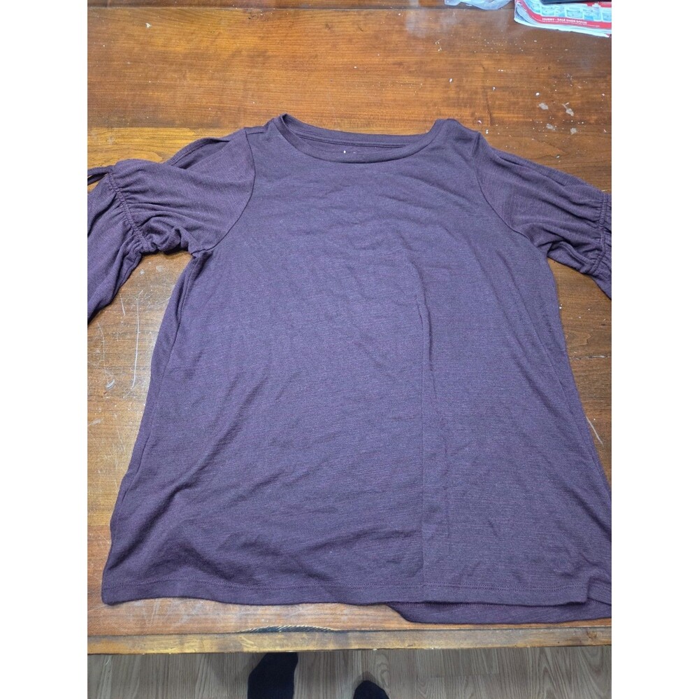 LOFT Women's S Purple Plum Long Sleeve Top Ruched Tie Sleeve Crewneck Stretch...